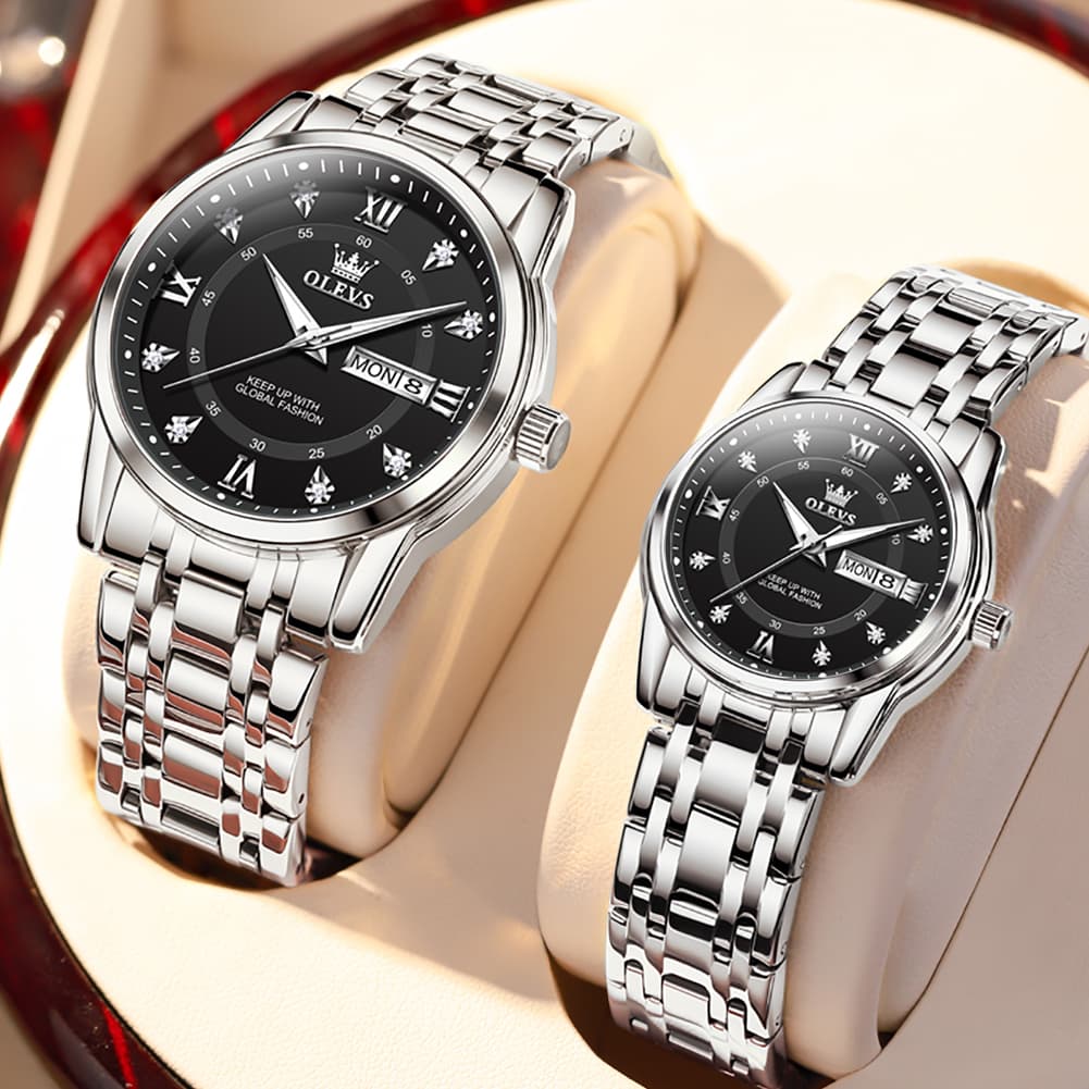 OLEVS Couple Watches Diamond Dial Day Date Quartz Watch 5513 Steel Band for His and Hers