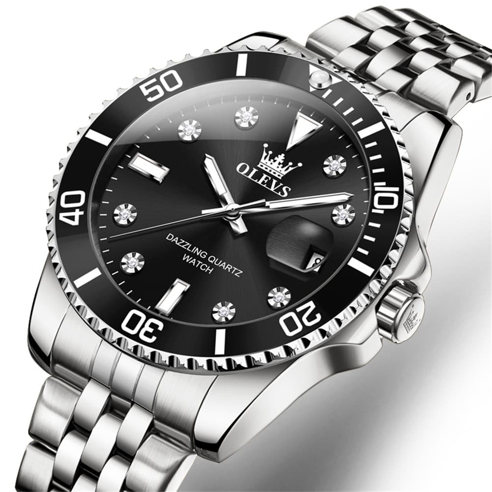 OLEVS 9809 Rotating Bezel Diamond Dial Stainless Steel Quartz Watch for Men