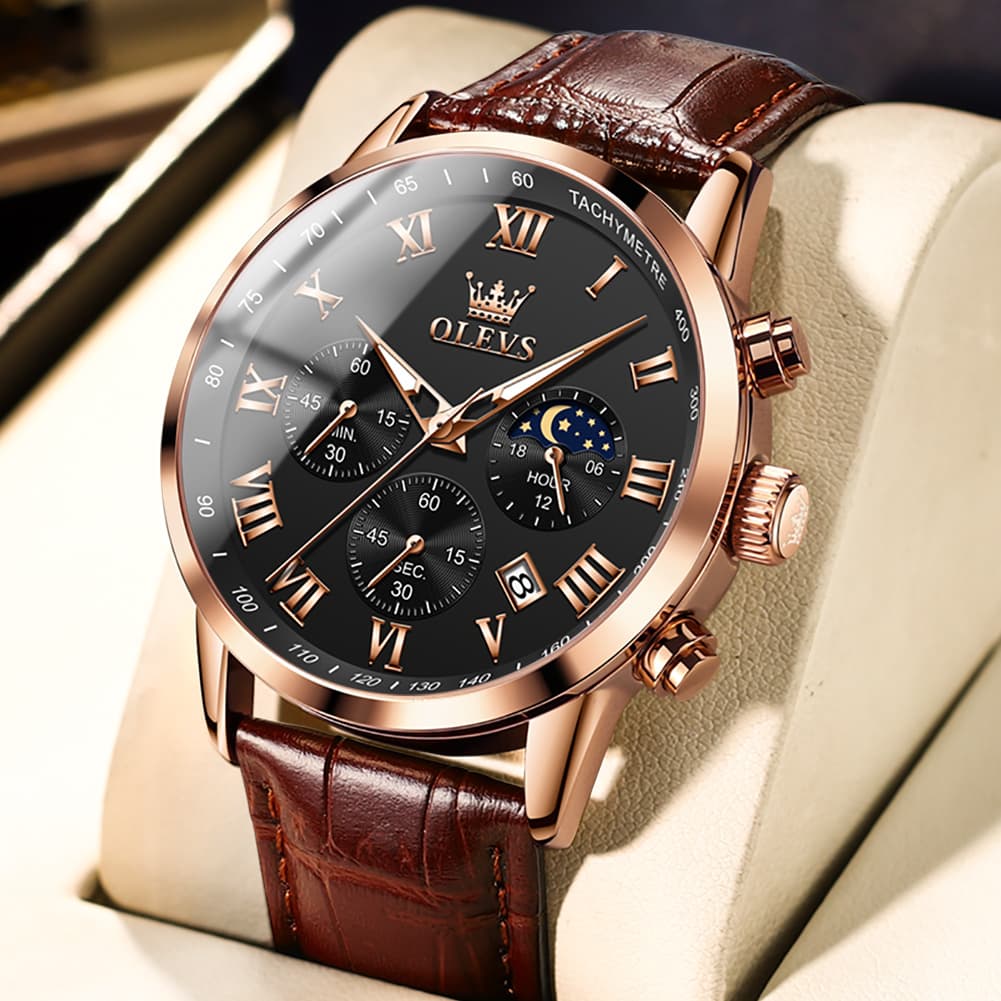 OLEVS Chronograph Moon Phase Dress Watch Leather Strap for Men 5529