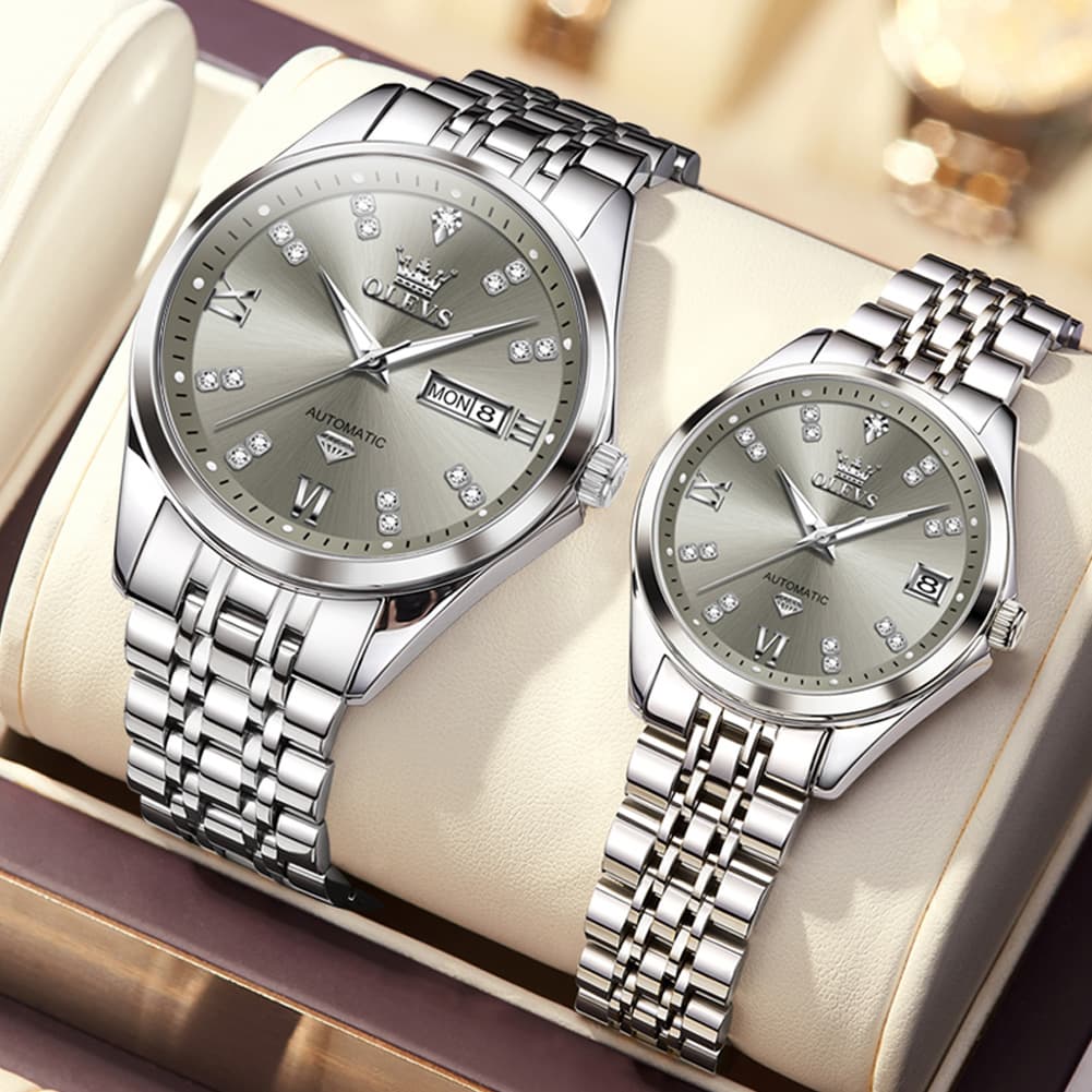 OLEVS Couple Watches Set Automatic Mechanical Diamond Dial 9801 for His and Hers
