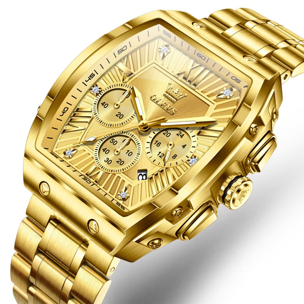 OLEVS Men Tonneau Watch Chronograph Stainless Steel Luxury Quartz 5639