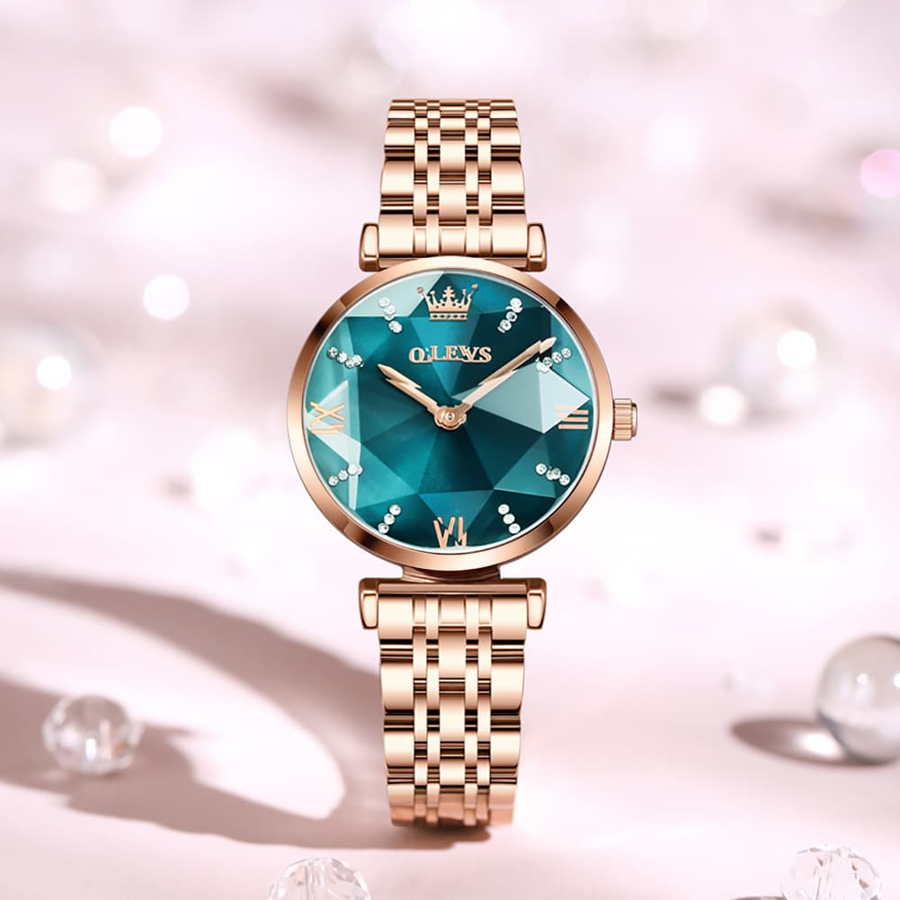 OLEVS 6642 Prism Cut Crystal Watch Rose Gold Stainless Steel Japan Quartz Timepiece for Women