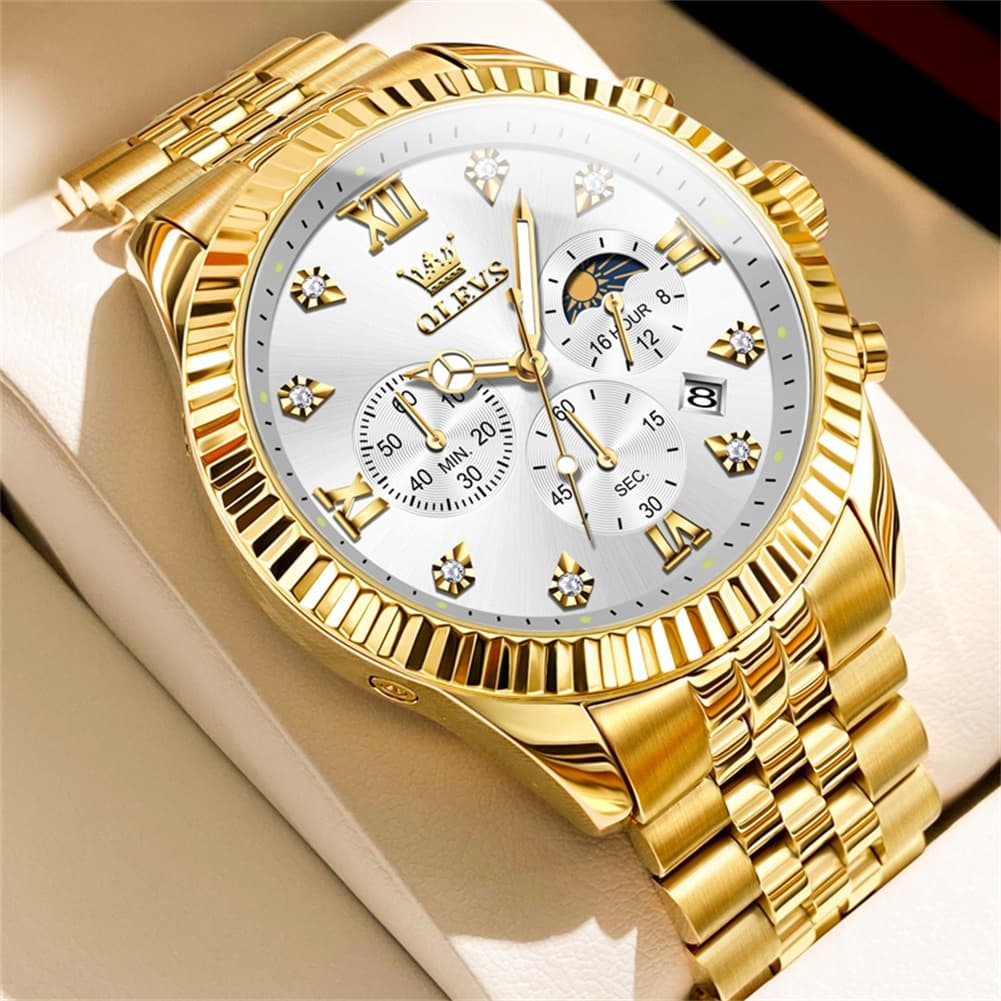 OLEVS 2932 Luxury Gold Fluted Bezel Quartz Watch for Men