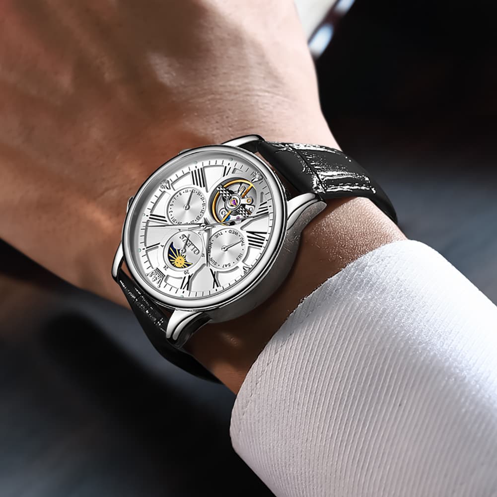 OLEVS Moon Phase Open Heart Automatic Mechanical Watch 9912 Leather Strap for Men