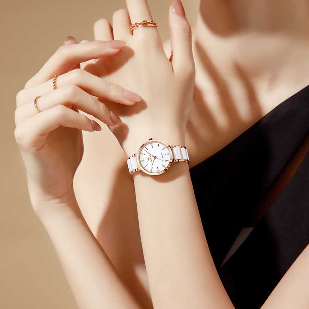 OLEVS 5877 Ceramic Bracelet Watch Rose Gold Minimalist Diamond Accent Japan Quartz Luxury Timepiece for Women
