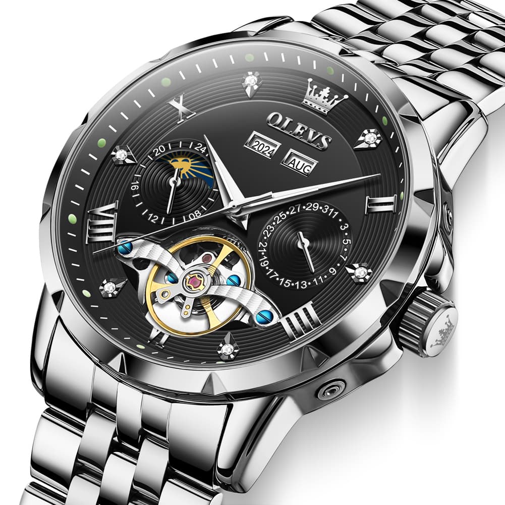 OLEVS 6691 Automatic Moon Phase Skeleton Steel Watch for Men