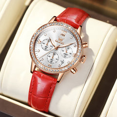 OLEVS 9933 Crystal Bezel Chronograph Leather Watch for Women
