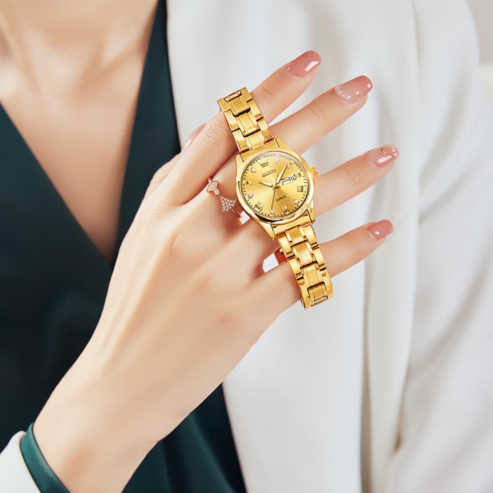 OLEVS Women Diamond Dress Watch Two Tone Stainless Steel Quartz Day Date 5563
