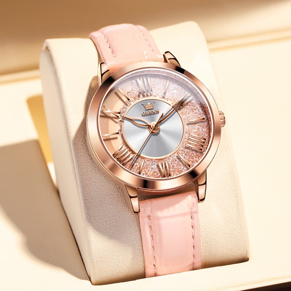 OLEVS Flowing Quicksand Crystal Dress Watch for Women Leather Strap 5539