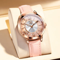 OLEVS Flowing Quicksand Crystal Dress Watch for Women Leather Strap 5539