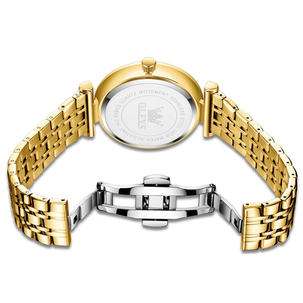 OLEVS Couple Watch Faceted Crystal Diamond Marker Stainless Steel Quartz 5596
