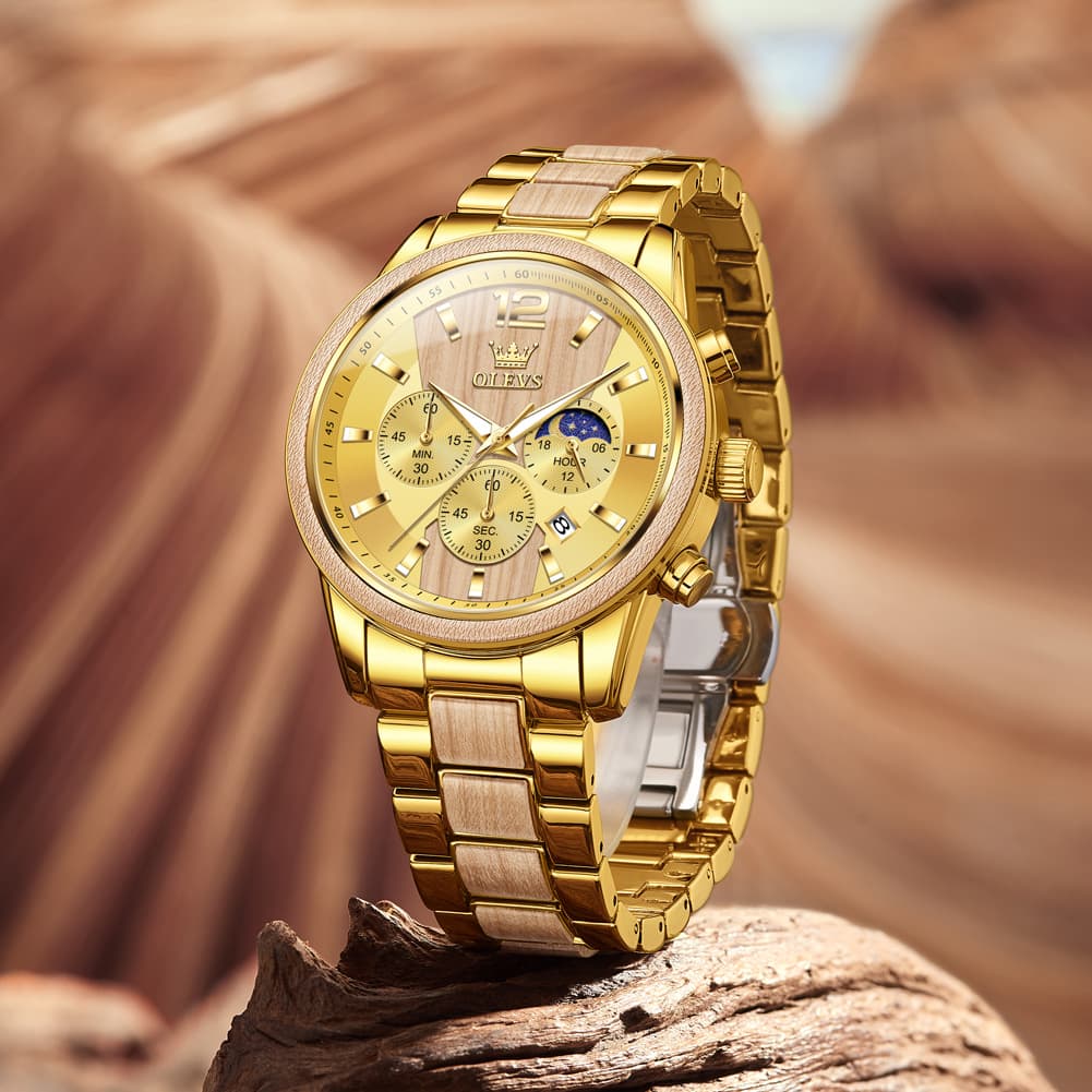 OLEVS 3645 Solid Wood & Steel Chronograph Quartz Watch for Men