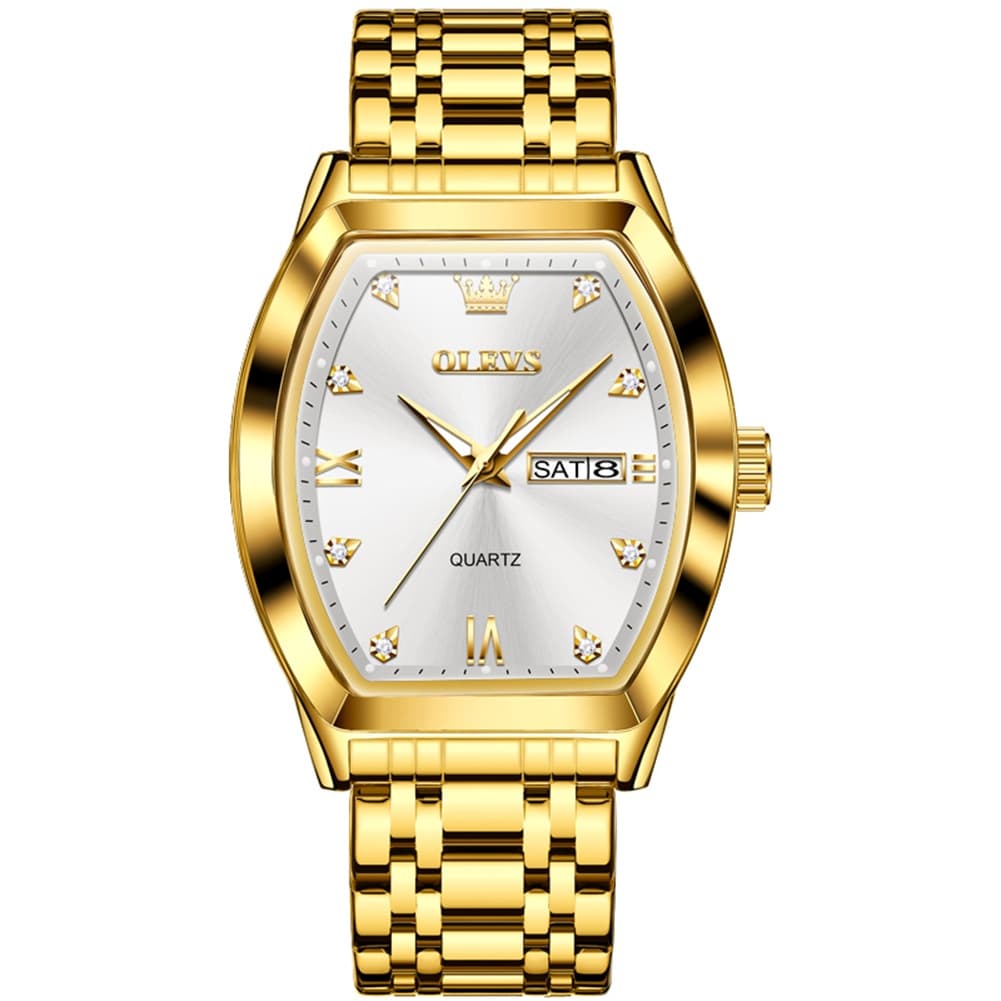 OLEVS Tonneau Diamond Dial Day Date Quartz Watch 5528 Steel Band for Men