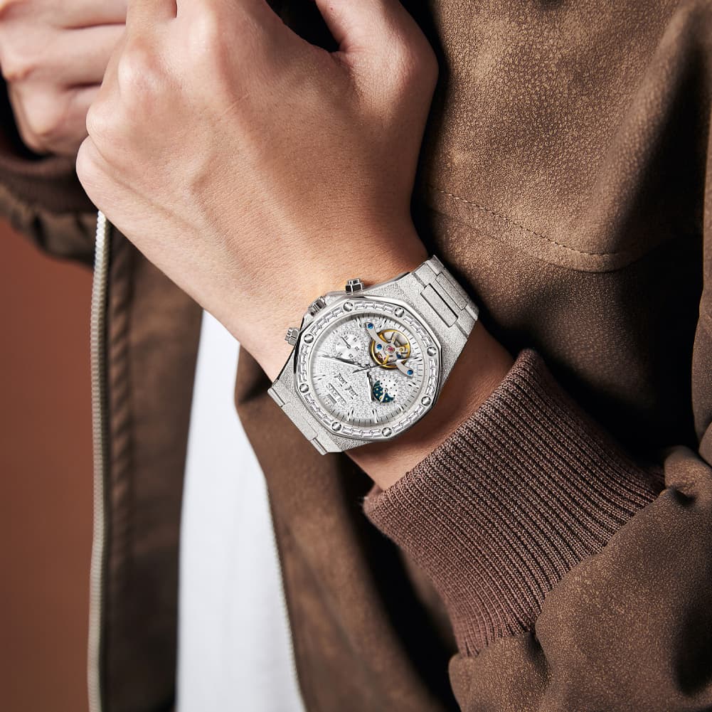 OLEVS Iced Out Moon Phase Skeleton Automatic Watch 9805 Calendar for Men