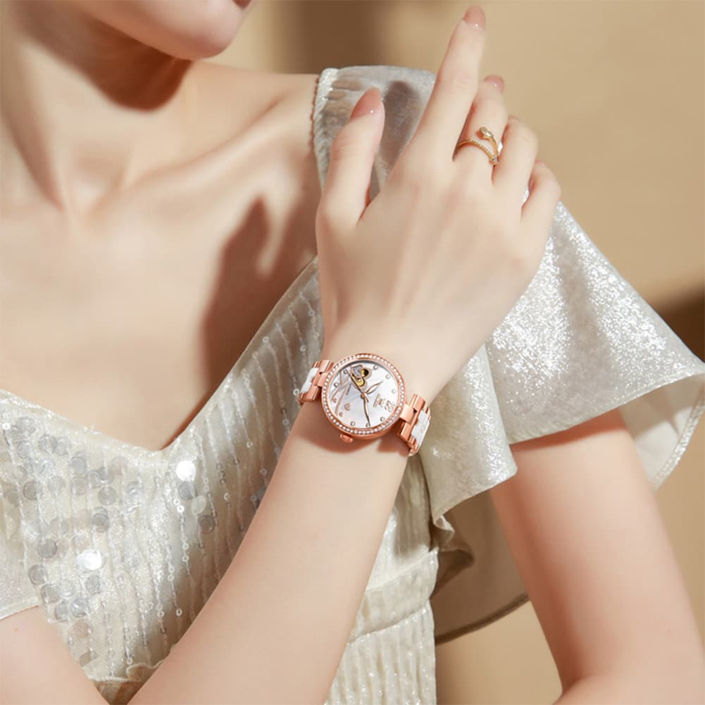 OLEVS 7086 Ceramic Heart Open Heart Automatic Watch For Women