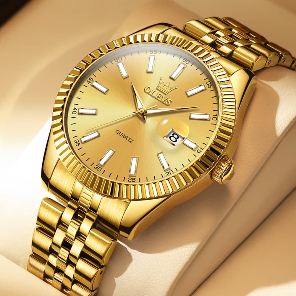 OLEVS Couple Watch Fluted Bezel Two Tone Stainless Steel Date Quartz 5593