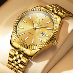 OLEVS Couple Watch Fluted Bezel Two Tone Stainless Steel Date Quartz 5593