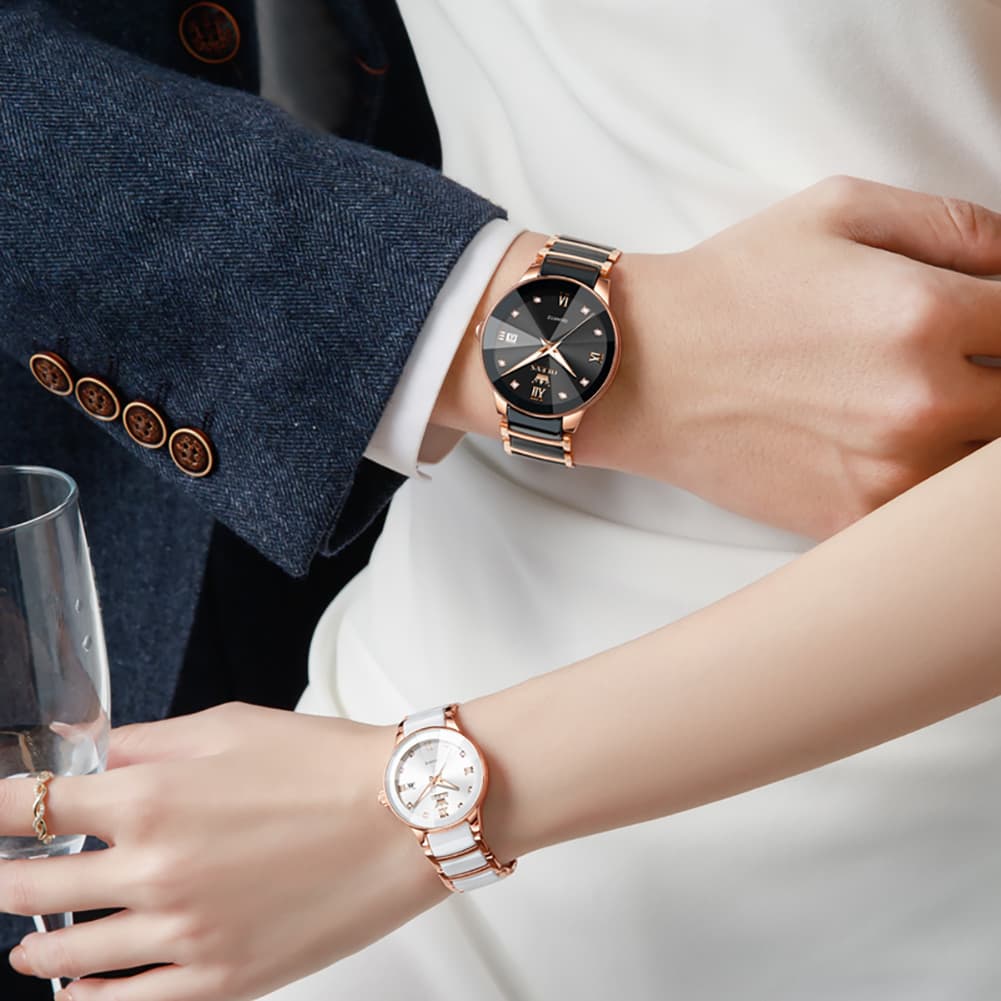 OLEVS 7114 Ceramic Link Watch Couple Date Diamond Accent Quartz Luxury Timepiece for Men and Women