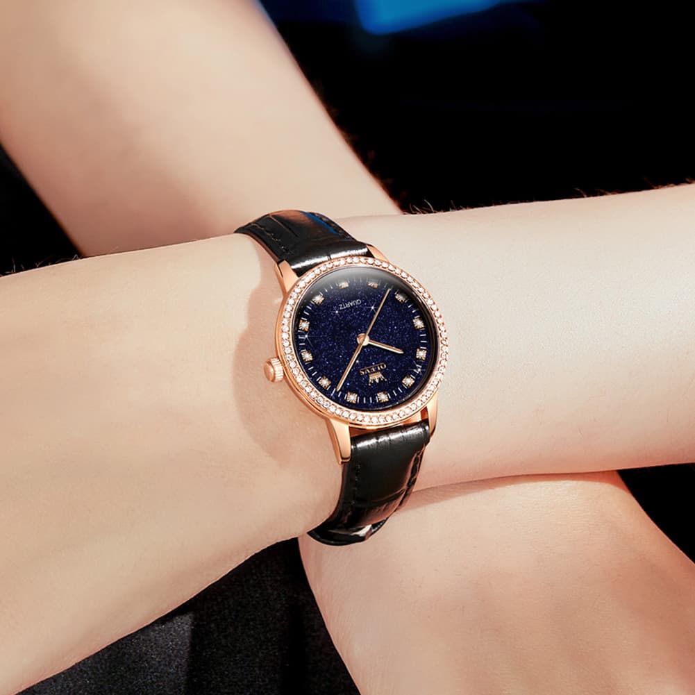 OLEVS Women Starry Sky Watch Diamond Bezel Leather Strap Quartz 5605