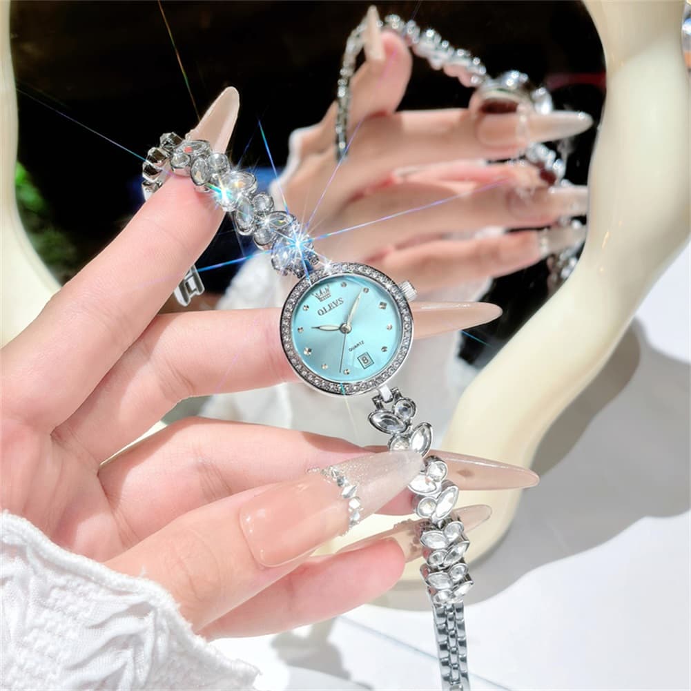 OLEVS 5679 Crystal Cluster Bracelet Watch Zircon Bezel Date Quartz Jewelry Timepiece for Women
