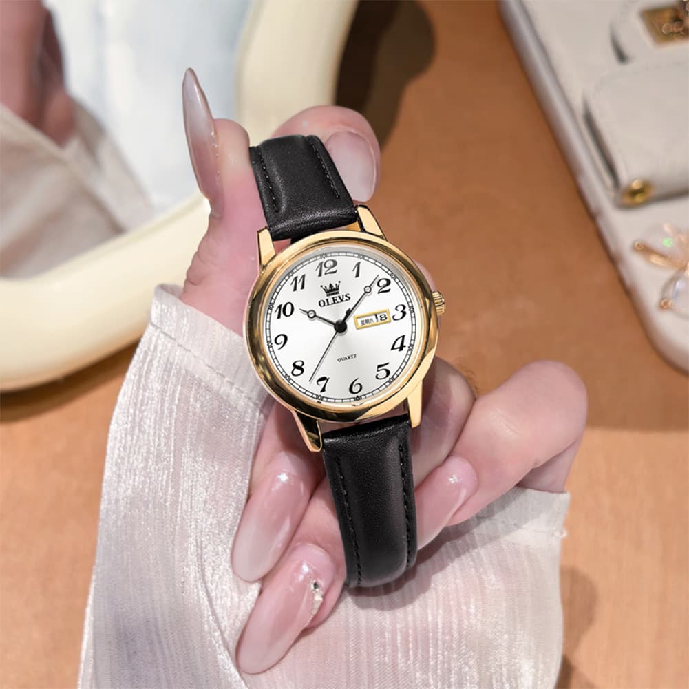 OLEVS 5662 Petite Vintage Quartz Watch Day Date Leather Strap Elegant Dress Timepiece for Women