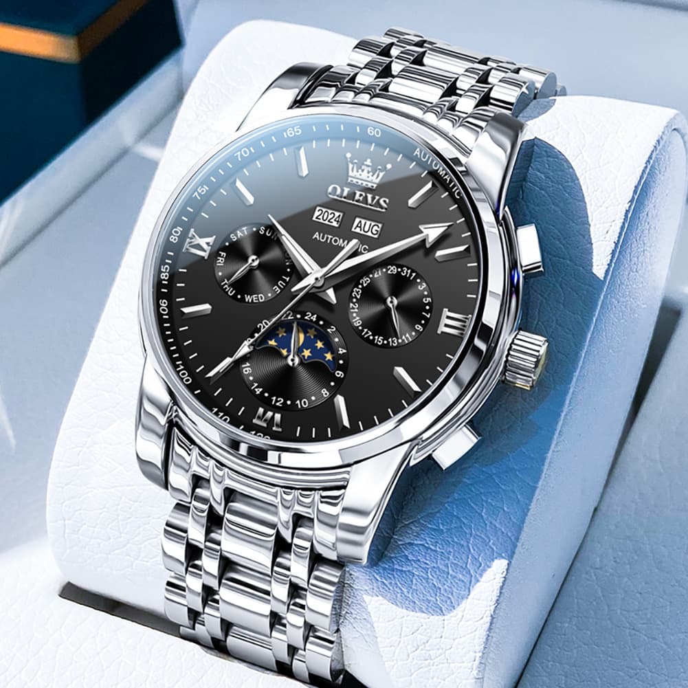 OLEVS 6633 Stainless Steel Mechanical Moon Phase Watch for Men