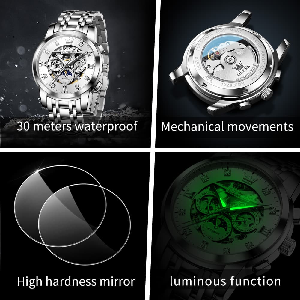 OLEVS 6721 Openwork Skeleton Diamond Dial Moon Phase Calendar Mechanical Watch For Men