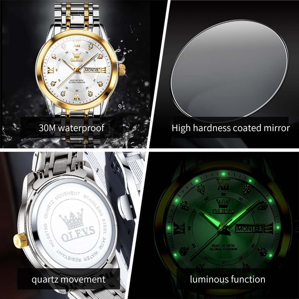 OLEVS Diamond Dial Day Date Quartz Watch 5513 Steel Band for Men