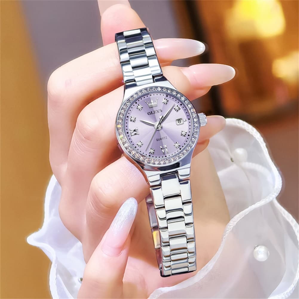 OLEVS Women Diamond Bezel Watch Petite Pastel Sunray Silver Stainless Steel Date Quartz 5628
