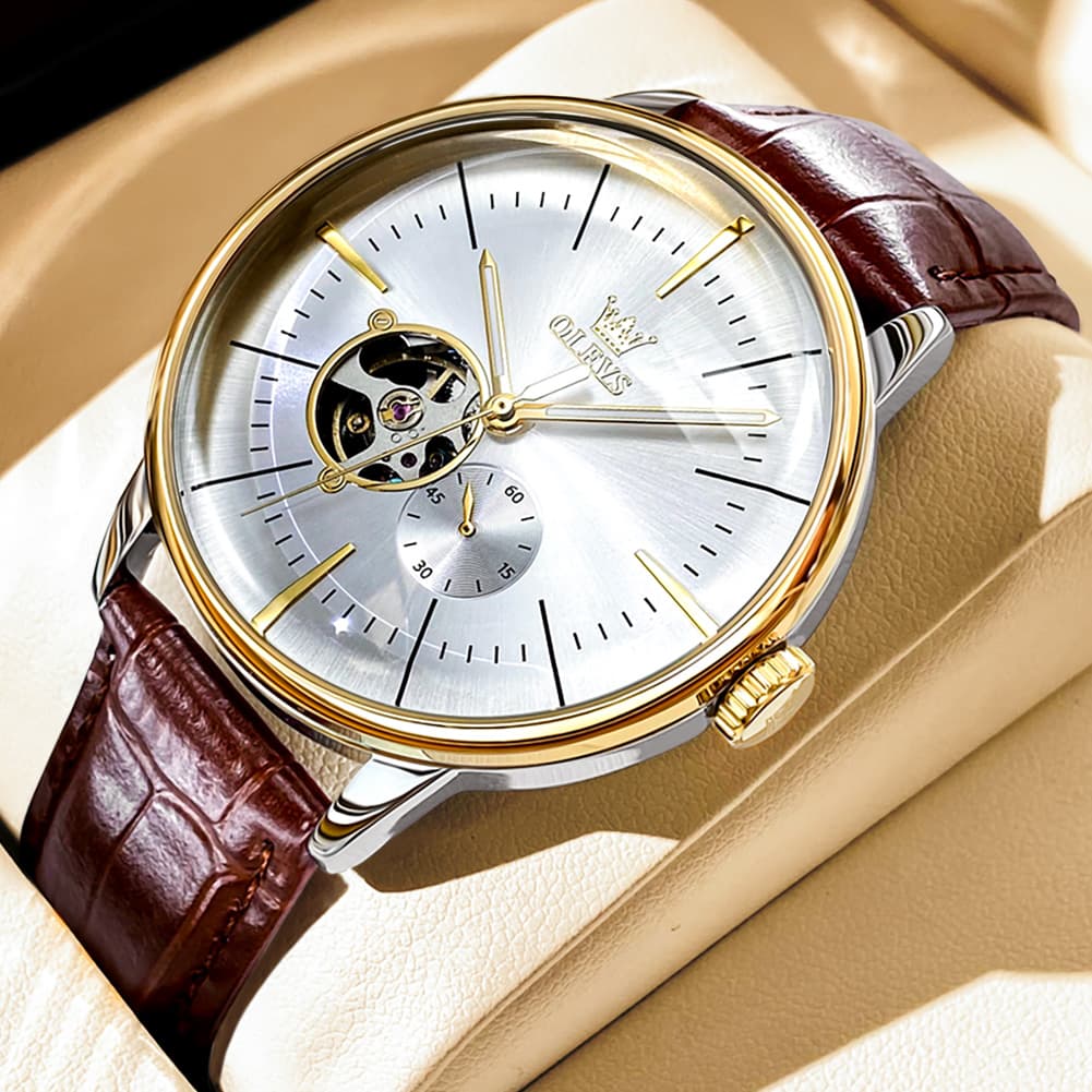 OLEVS 6708 Domed Crystal Open Heart Mechanical Watch For Men
