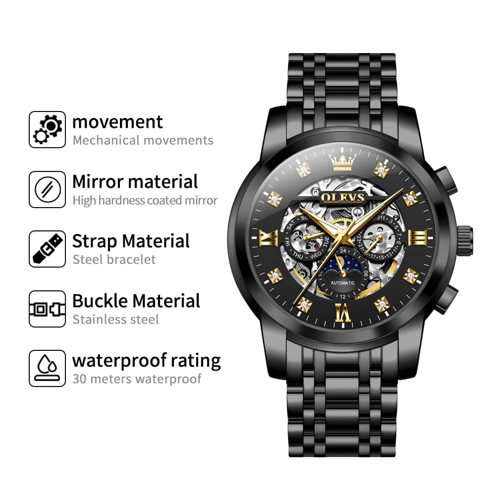 OLEVS 6721 Openwork Skeleton Diamond Dial Moon Phase Calendar Mechanical Watch For Men