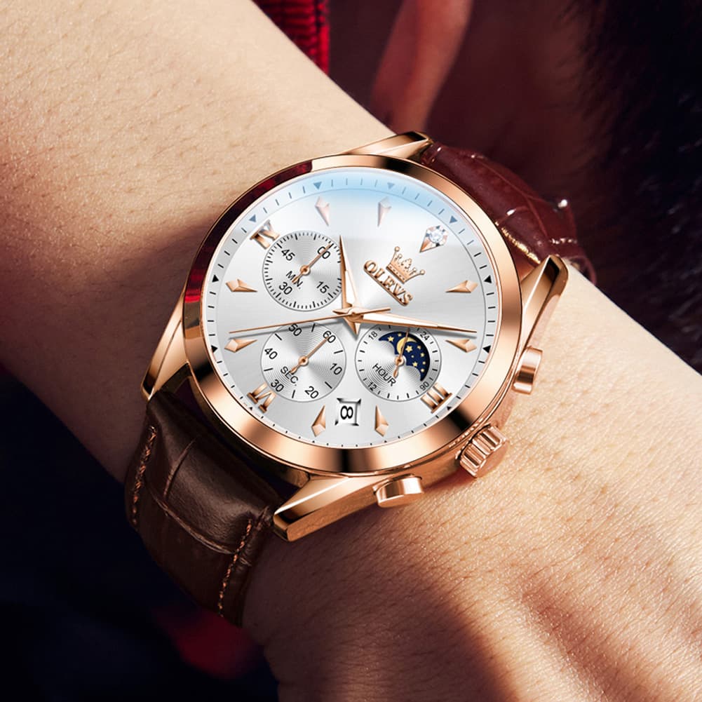 OLEVS 3609 Multifunction Leather Quartz Watch for Men