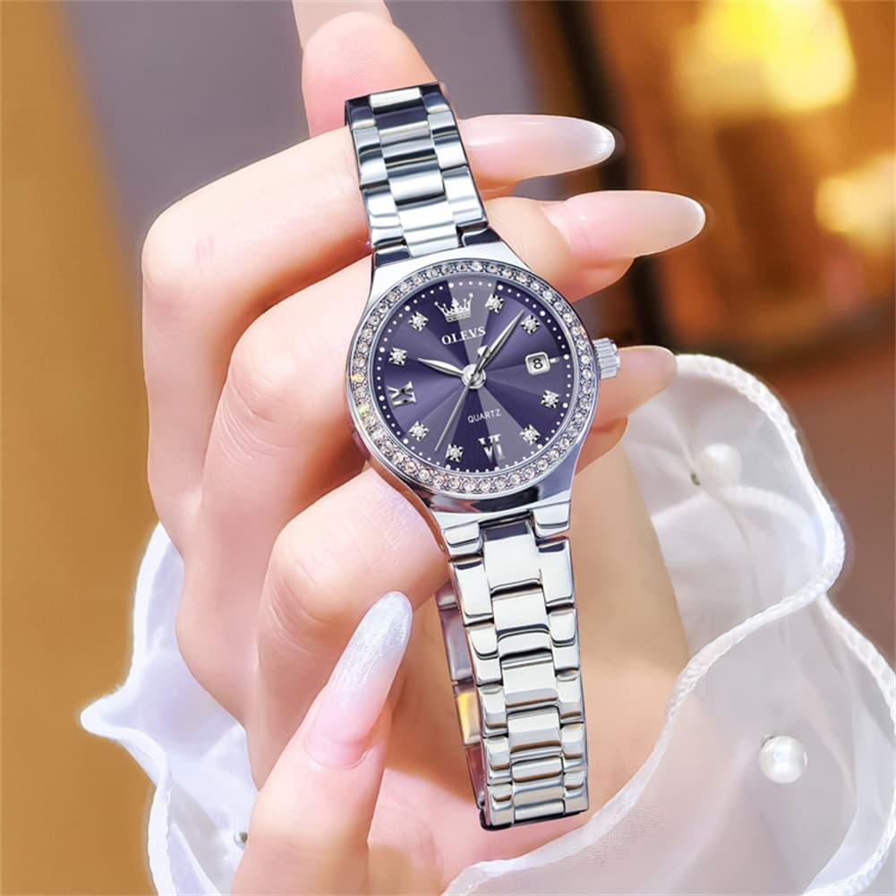 OLEVS Women Diamond Bezel Watch Petite Pastel Sunray Silver Stainless Steel Date Quartz 5628