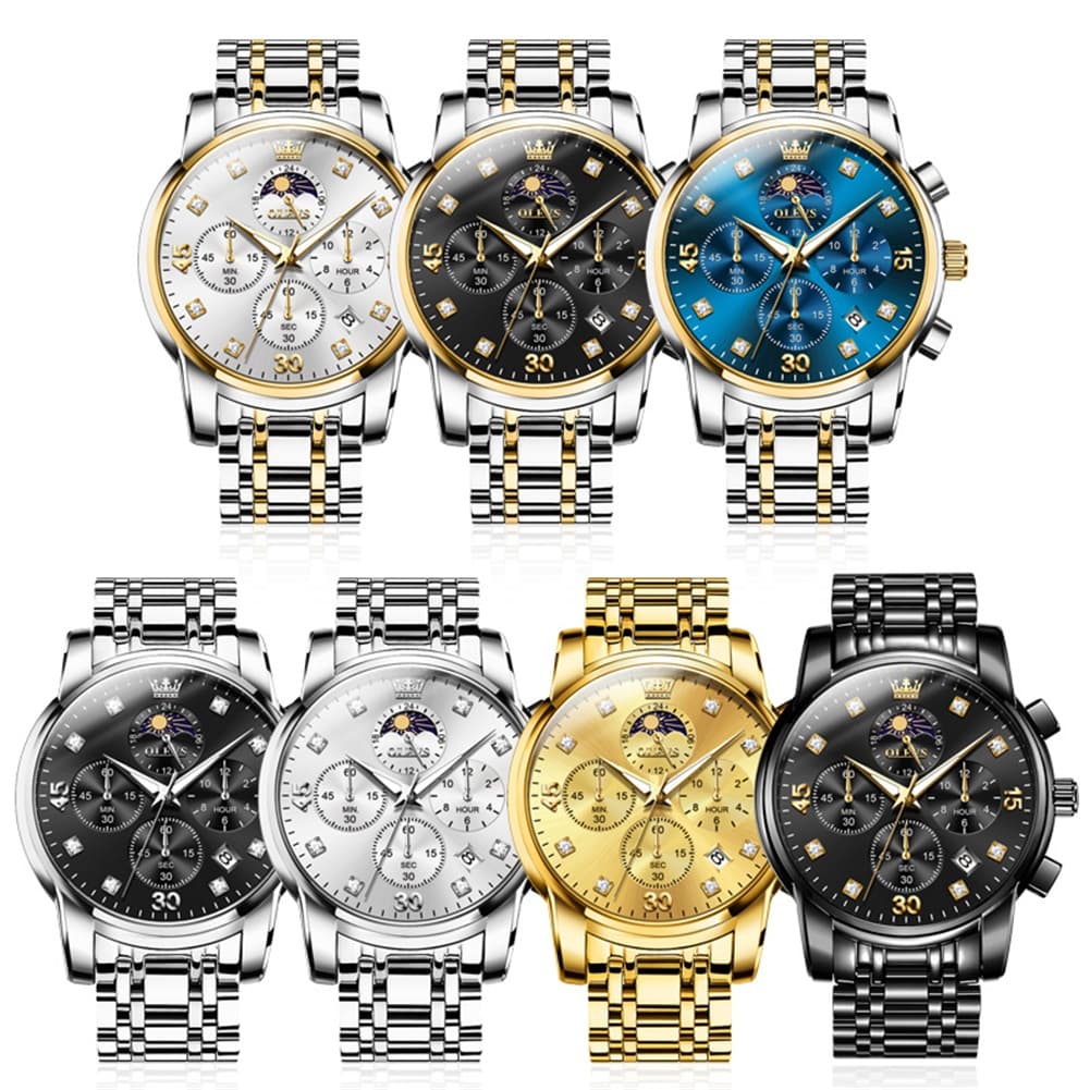 OLEVS 3652 Chronograph Moon Phase Diamond Dial Stainless Steel Watch For Men