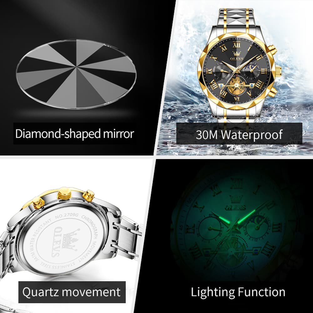 OLEVS 2709 Luxury Moon Phase Open Heart Quartz Watch for Men