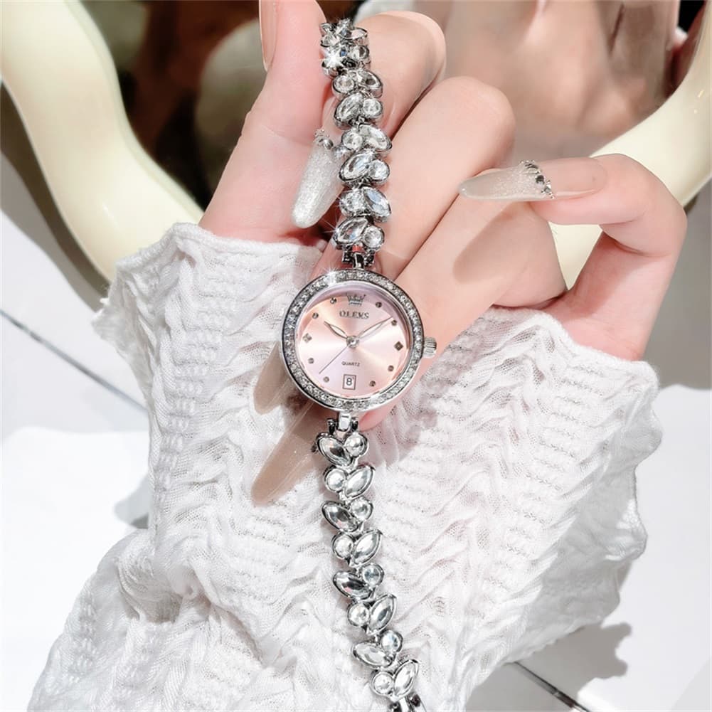 OLEVS 5679 Crystal Cluster Bracelet Watch Zircon Bezel Date Quartz Jewelry Timepiece for Women