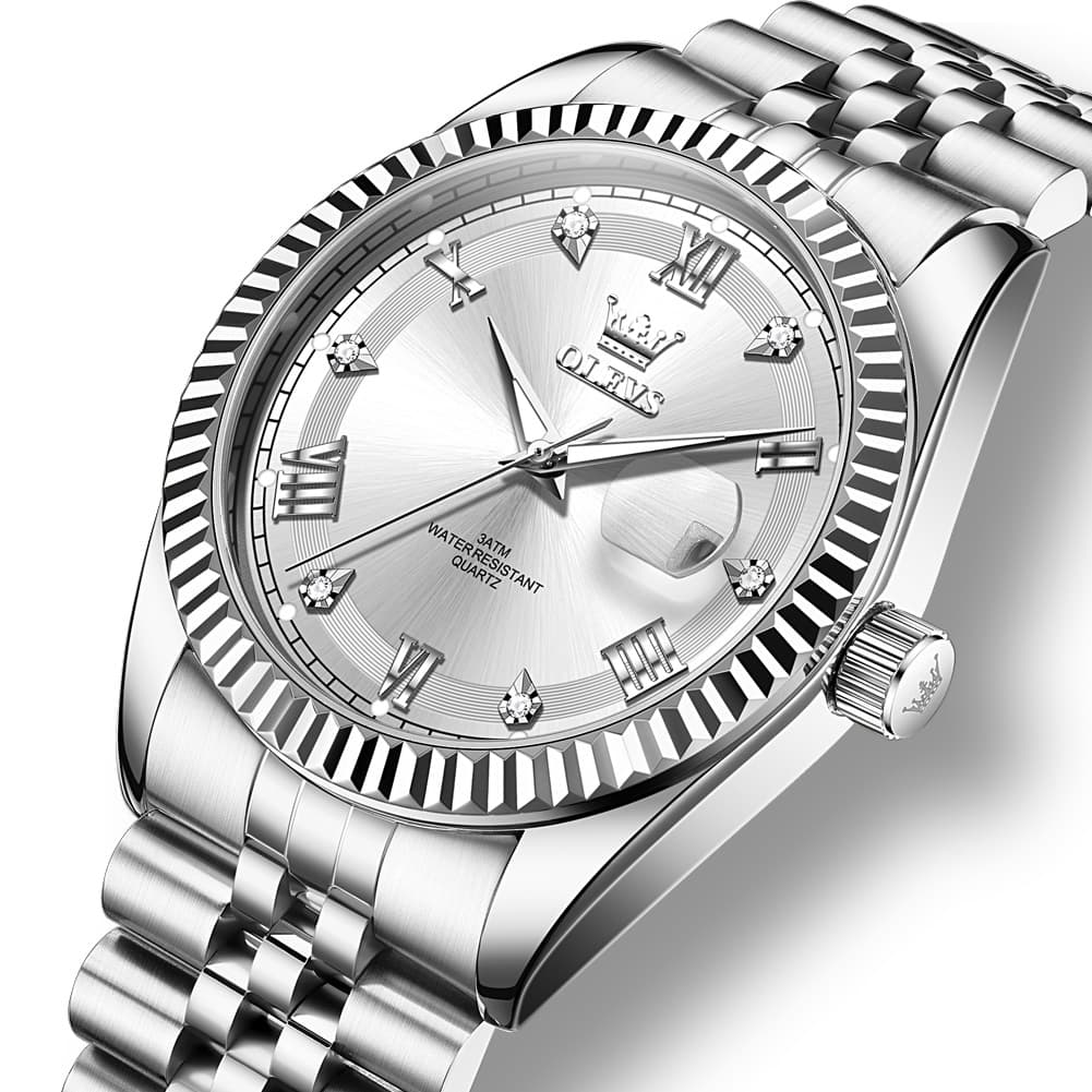 OLEVS 5680 Fluted Bezel Roman Diamond Dial Watch Stainless Steel Jubilee Bracelet Quartz Timepiece for Men