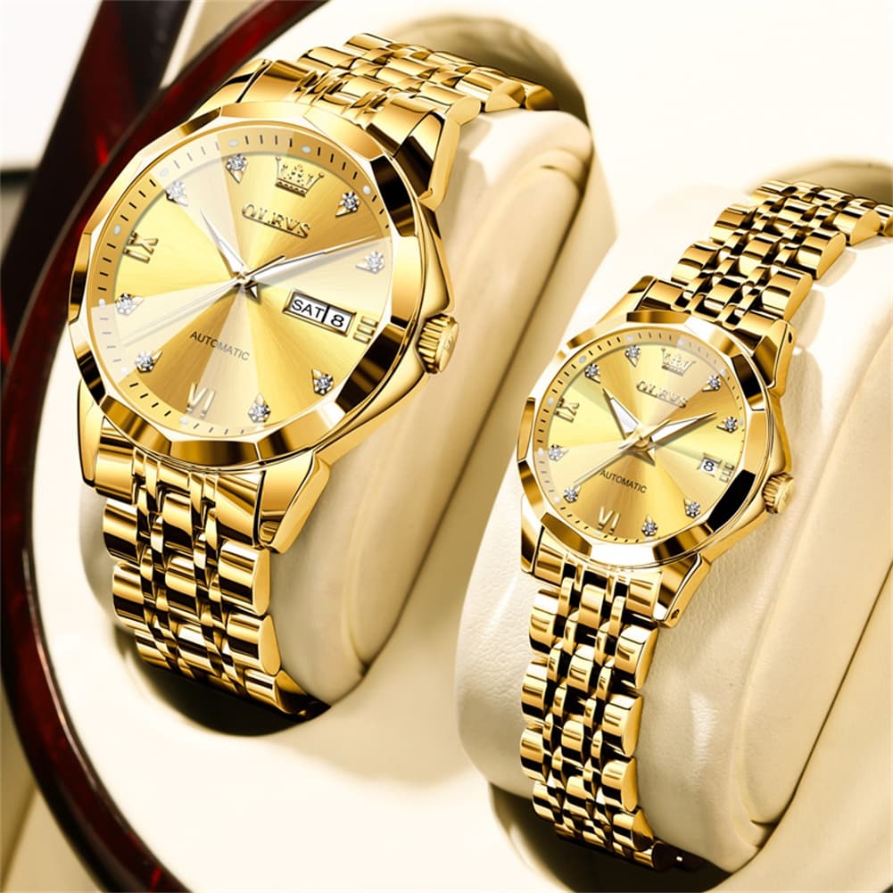 OLEVS Couple Watches 3D Diamond Cut Mirror Automatic Watch 9982 Steel Band for His and Hers