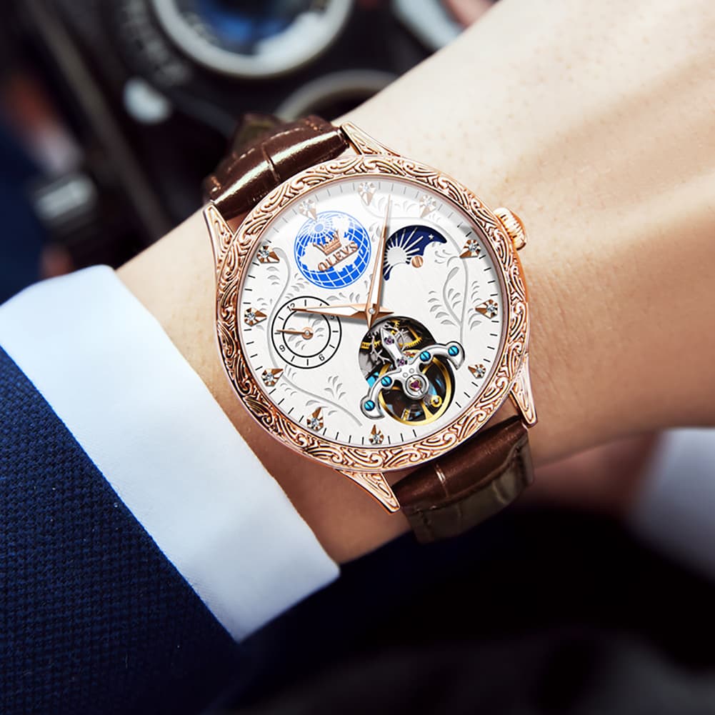 OLEVS 6660 Leather Globe Skeleton Mechanical Watch for Men