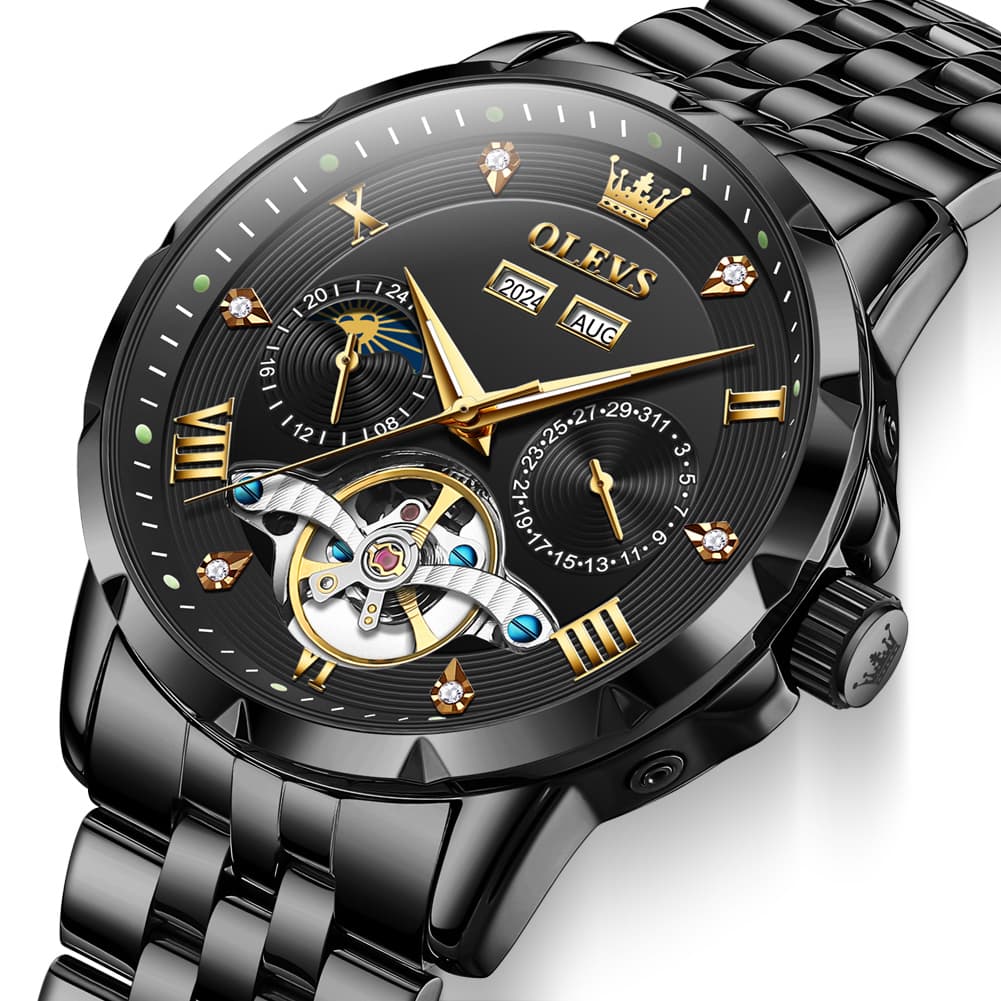 OLEVS 6691 Automatic Moon Phase Skeleton Steel Watch for Men