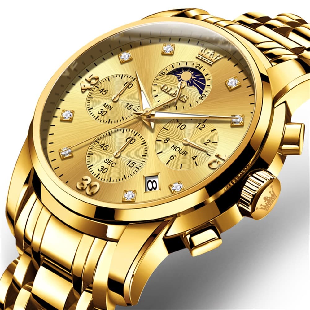 OLEVS 3652 Chronograph Moon Phase Diamond Dial Stainless Steel Watch For Men