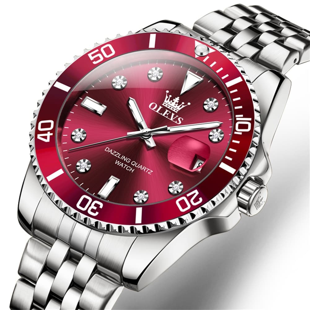 OLEVS 9809 Rotating Bezel Diamond Dial Stainless Steel Quartz Watch for Men