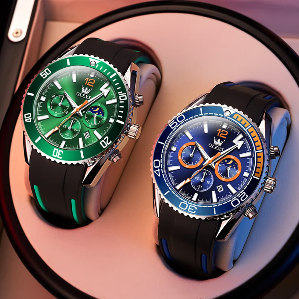 OLEVS 9916 Silicone Strap Moon Phase Chronograph Watch for Men