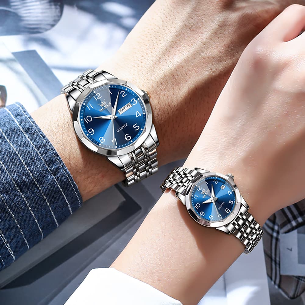 OLEVS 9970Q 3D Faceted Glass His and Hers Couple Watch Set