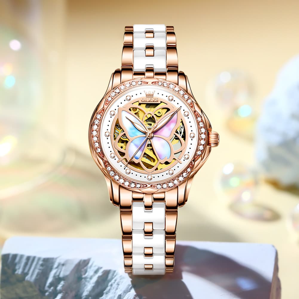 OLEVS 6615 Automatic Skeleton Bright Butterfly Watch Set for Women