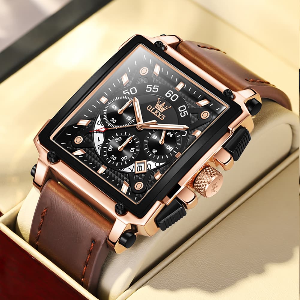 OLEVS 9919 Large Square Chronograph Leather Watch for Men