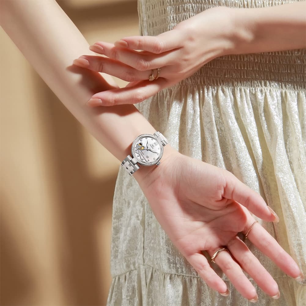 OLEVS 7086 Ceramic Heart Open Heart Automatic Watch For Women