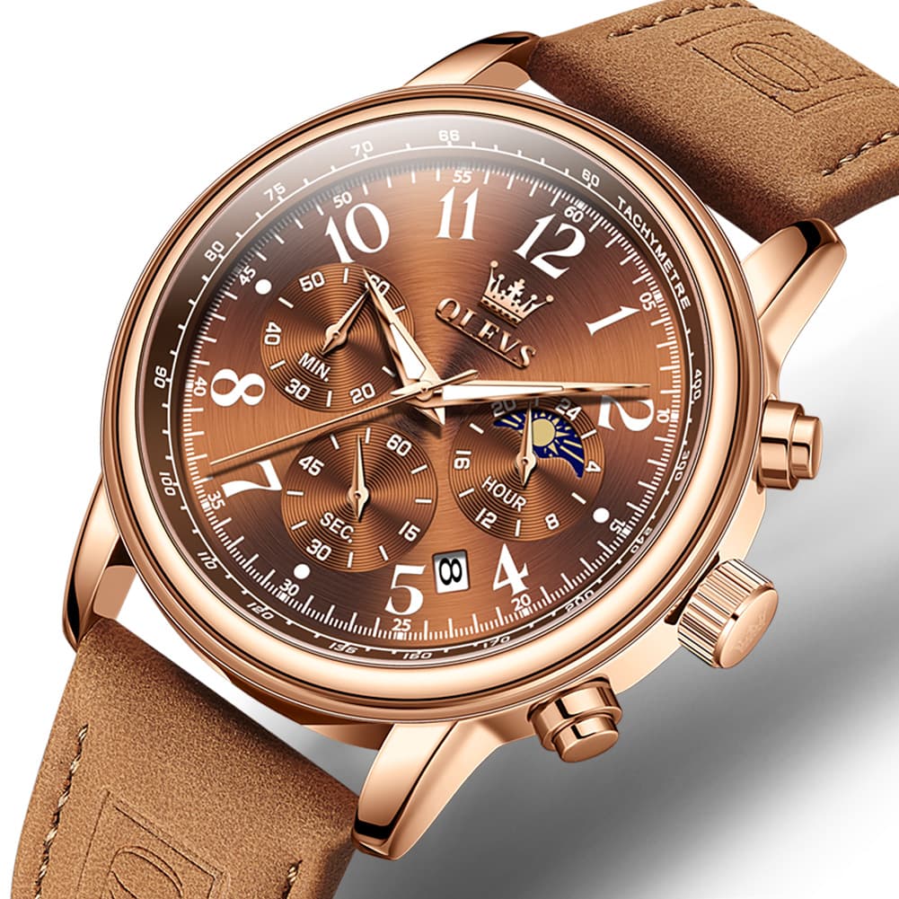 OLEVS 2912 Leather Chronograph Moon Phase Watch for Men