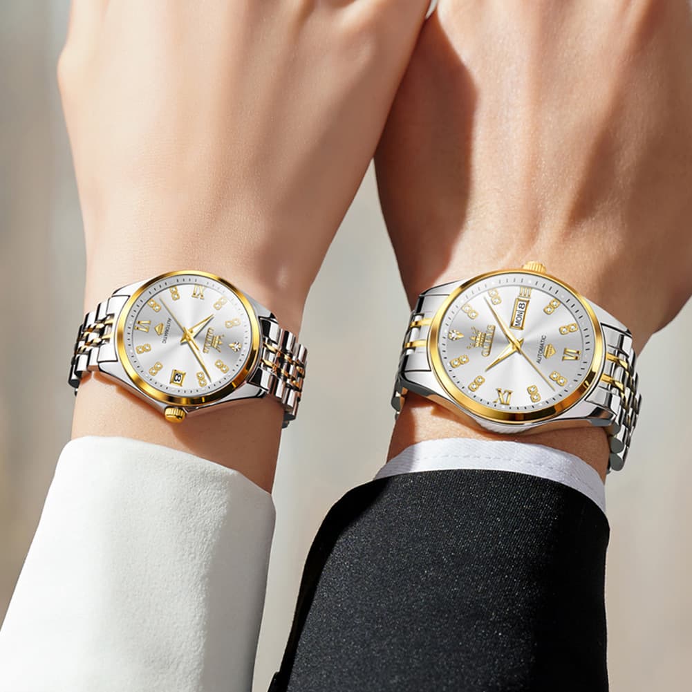 OLEVS Couple Watches Set Automatic Mechanical Diamond Dial 9801 for His and Hers