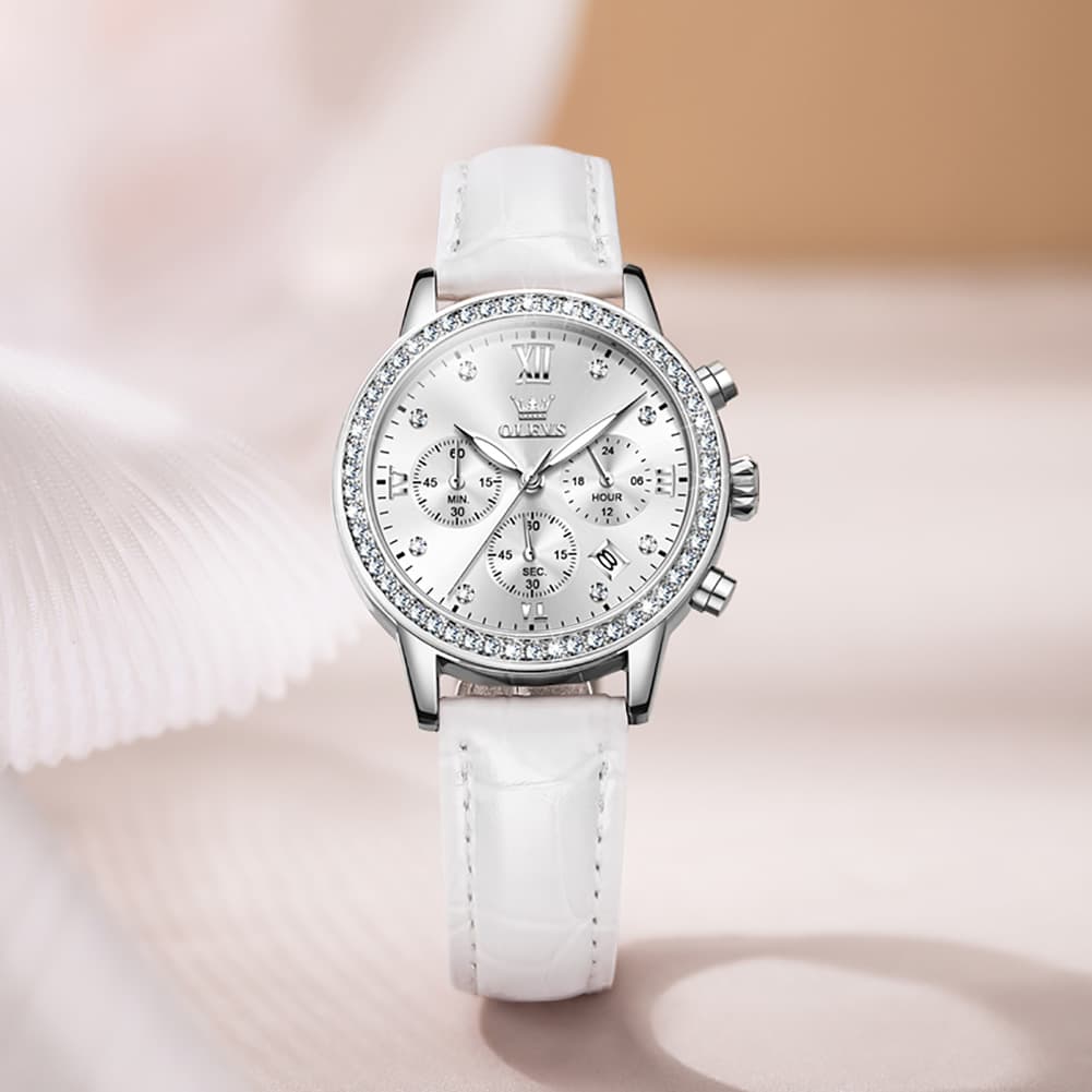 OLEVS 9933 Crystal Bezel Chronograph Leather Watch for Women